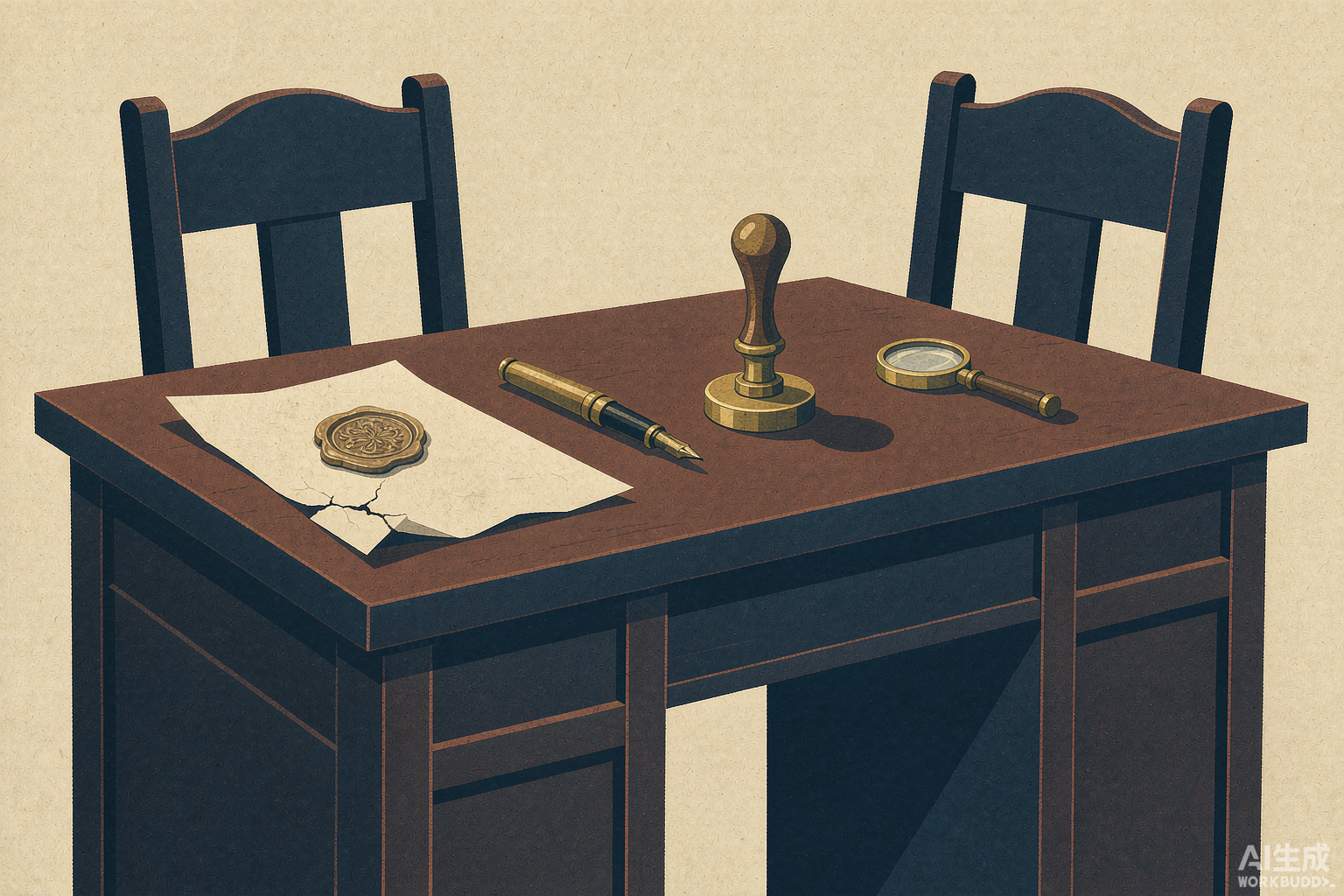 代筆遺囑示意插畫：書桌上攤開的紙張、鋼筆、印章與放大鏡